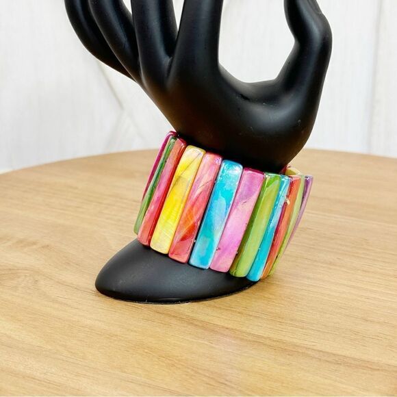 Mother Of Pearl Abalone Luster Seashell Elastic Stretch Cuff Bracelet Rainbow - Picture 2 of 9